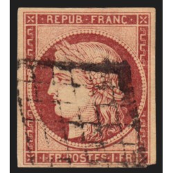 n°6, Cérès 1849, 1fr carmin, oblitéré grille noire - B/TB