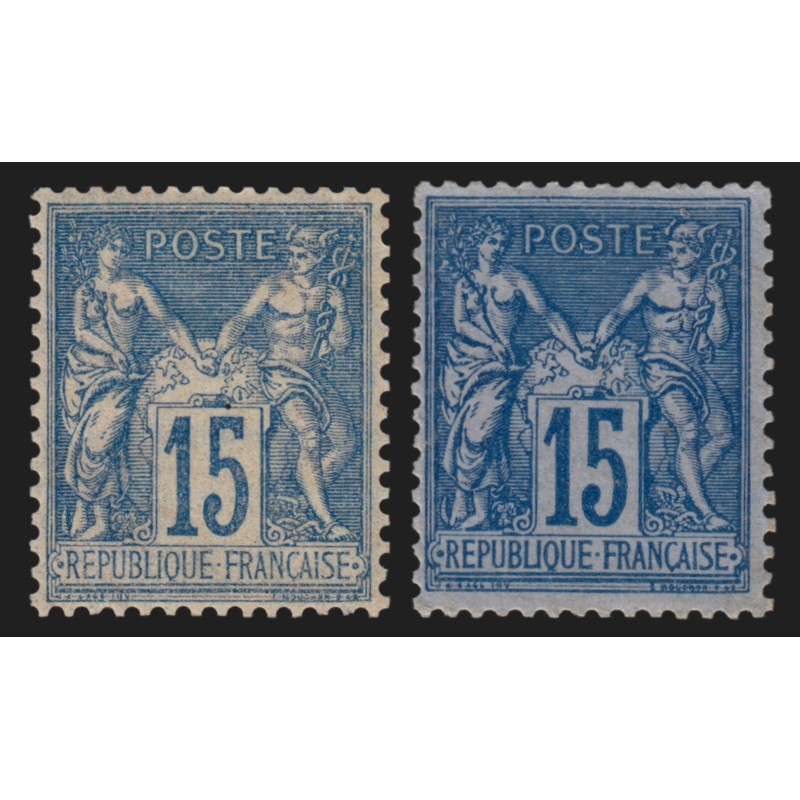 n°90/90a, Sage 15c bleu sur bleu + normal, neuf * avec ch. signé CALVES - TB n°90/90a, Sage 15c bleu sur bleu + normal, neuf * avec ch. signé CALVES - TB