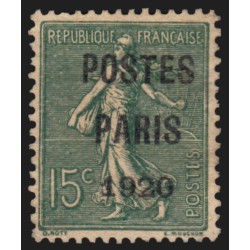 Préoblitérés n°25, Semeuse 15c vert-olive, POSTES PARIS 1920, neuf (*) - TB
