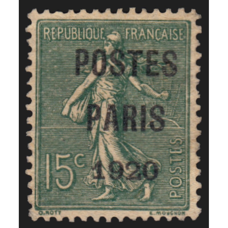 Préoblitérés n°25, Semeuse 15c vert-olive, POSTES PARIS 1920, neuf (*) - TB Préoblitérés n°25, Semeuse 15c vert-olive, POSTES PARIS 1920, neuf (*) - TB