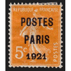 Préoblitérés n°27, Semeuse 5c orange, POSTES PARIS 1921, neuf * BEAU D'ASPECT