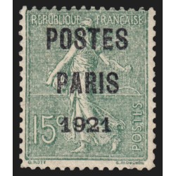 Préoblitérés n°28, Semeuse 15c vert-olive, POSTES PARIS 1921, neuf * - TB