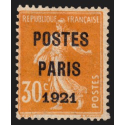 Préoblitérés n°29, Semeuse 30c orange, POSTES PARIS 1921, neuf * - TB