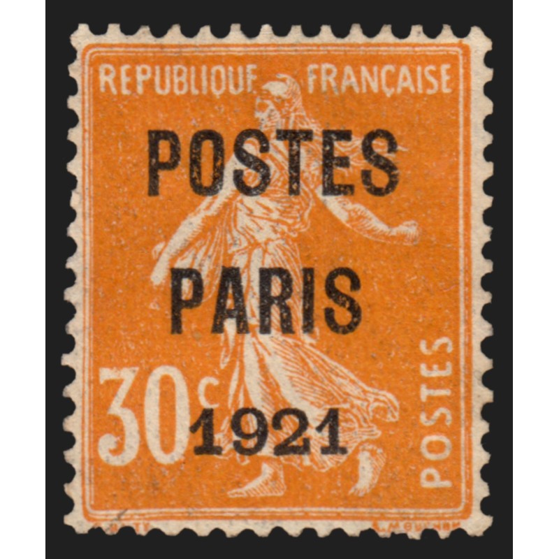 Préoblitérés n°29, Semeuse 30c orange, POSTES PARIS 1921, neuf (*) - TB Préoblitérés n°29, Semeuse 30c orange, POSTES PARIS 1921, neuf (*) - TB
