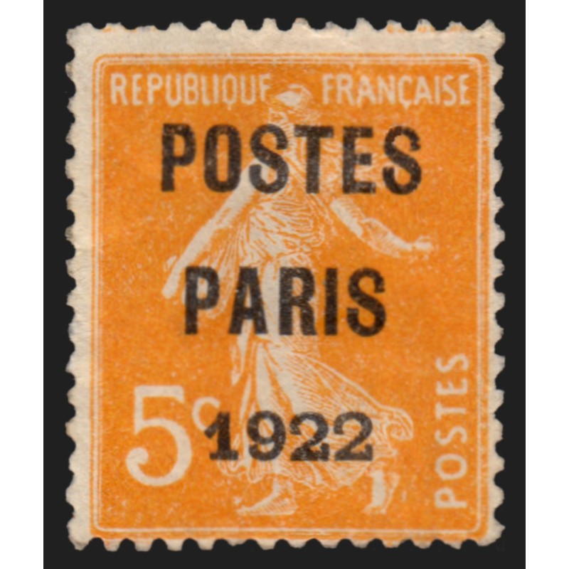 Préoblitérés n°30, Semeuse 5c orange, POSTES PARIS 1922, neuf * - TB Préoblitérés n°30, Semeuse 5c orange, POSTES PARIS 1922, neuf * - TB