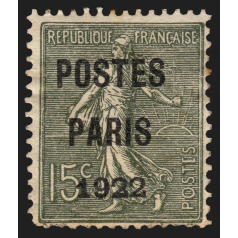 Préoblitérés n°31, Semeuse lignée 15c vert-olive, POSTES PARIS 1922, neuf * Préoblitérés n°31, Semeuse lignée 15c vert-olive, POSTES PARIS 1922, neuf *
