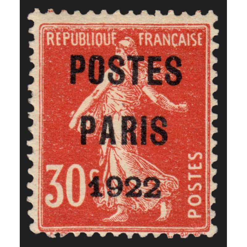 Préoblitérés n°32, Semeuse 30c rouge, POSTES PARIS 1922, neuf (*) signé CALVES Préoblitérés n°32, Semeuse 30c rouge, POSTES PARIS 1922, neuf (*) signé CALVES