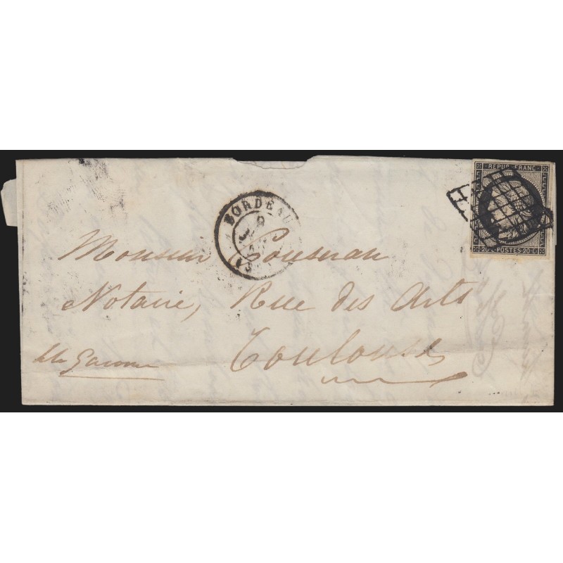 n°3, Cérès 20c noir sur jaune, oblitéré BORDEAUX 1849 lettre pour Toulouse - TB n°3, Cérès 20c noir sur jaune, oblitéré BORDEAUX 1849 lettre pour Toulouse - TB