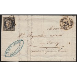 n°3, Cérès 20c noir, oblitéré CHALON-SUR-SAONE 1849 pour Le Bourg d'Oisans - TB