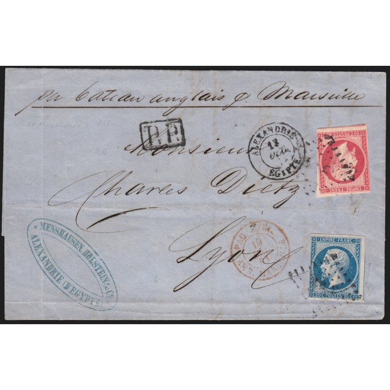 n°17B + 14B, oblitérés ALEXANDRIE Egypte sur lettre pour Lyon - TB n°17B + 14B, oblitérés ALEXANDRIE Egypte sur lettre pour Lyon - TB