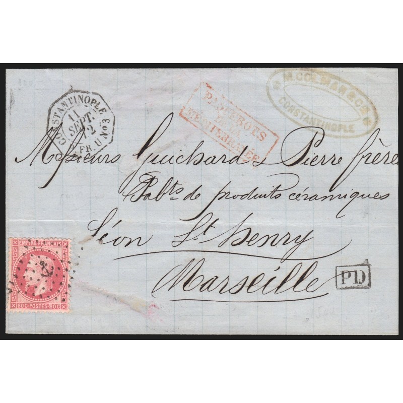 n°32, oblitéré Ancre + càd CONSTANTINOPLE PAQ. FR.U N°3 pour Marseille SUPERBE n°32, oblitéré Ancre + càd CONSTANTINOPLE PAQ. FR.U N°3 pour Marseille SUPERBE
