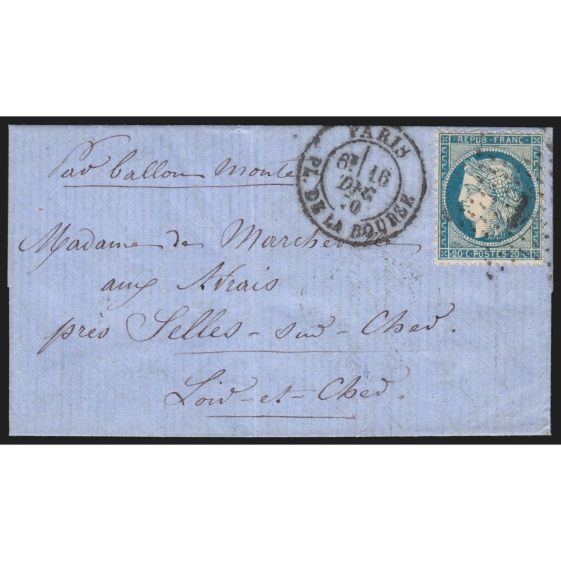 Ballon monté "Le Parmentier" Paris 16/DEC./1870 pour Selles-sur-Cher - SUPERBE Ballon monté "Le Parmentier" Paris 16/DEC./1870 pour Selles-sur-Cher - SUPERBE
