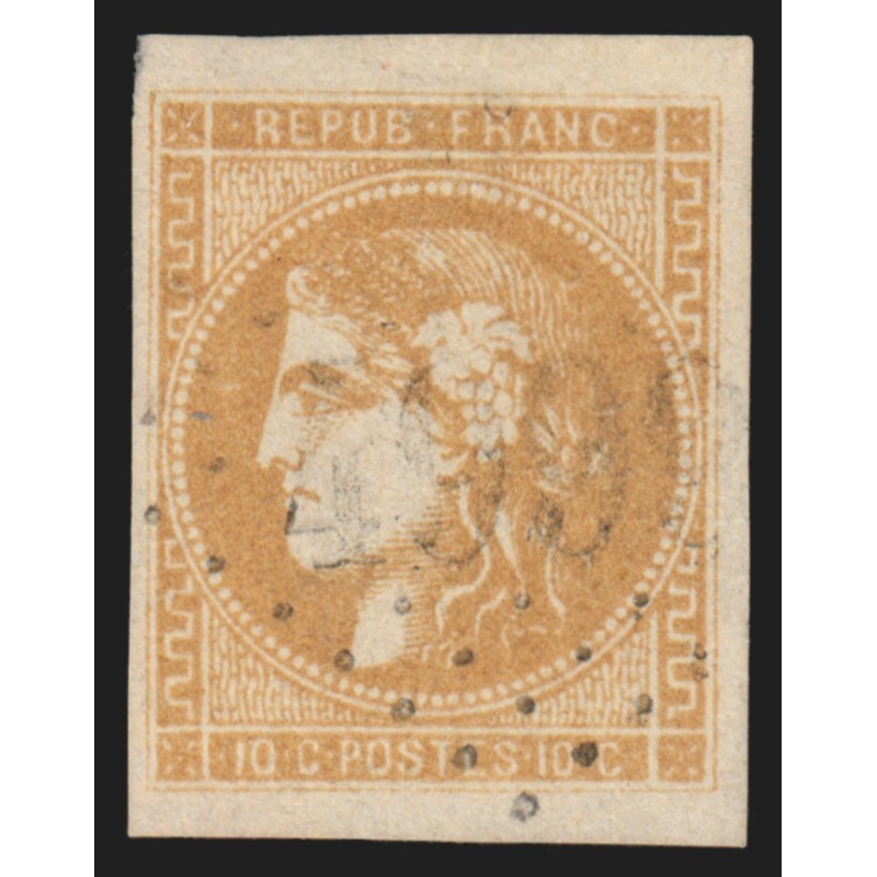 n°43A, Cérès Bordeaux 1870, 10c bistre, Report 1, oblitération légère - TTB n°43A, Cérès Bordeaux 1870, 10c bistre, Report 1, oblitération légère - TTB