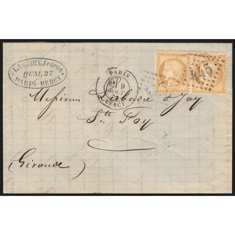 n°36 paire, Cérès 10c bistre-jaune, oblitéré GC 445 PARIS BERCY pour Sainte-Foy n°36 paire, Cérès 10c bistre-jaune, oblitéré GC 445 PARIS BERCY pour Sainte-Foy