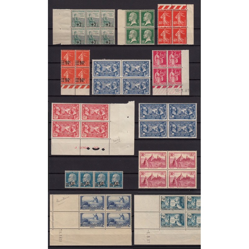 France 1922/1937, Lot de 12 blocs de 4 dont coins datés, neufs ** COTE 275€ TB France 1922/1937, Lot de 12 blocs de 4 dont coins datés, neufs ** COTE 275€ TB