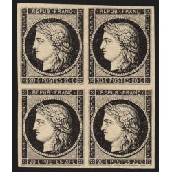 n°3, bloc de quatre, Cérès 1849, 20c noir sur blanc, essai, neuf (*) - SUPERBE