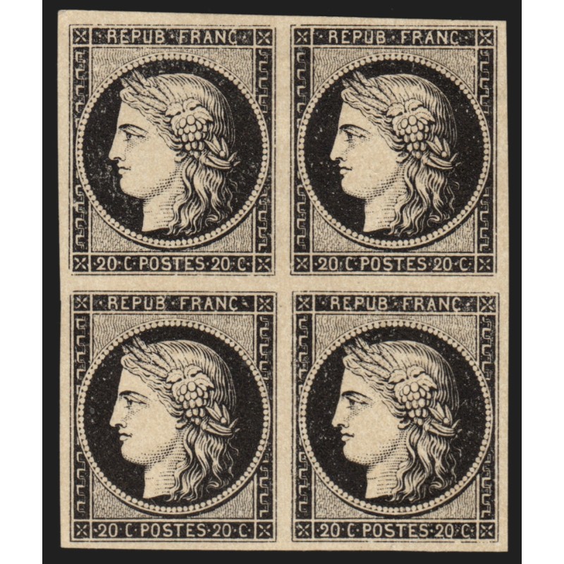 n°3, bloc de quatre, Cérès 1849, 20c noir sur blanc, essai, neuf (*) - SUPERBE n°3, bloc de quatre, Cérès 1849, 20c noir sur blanc, essai, neuf (*) - SUPERBE