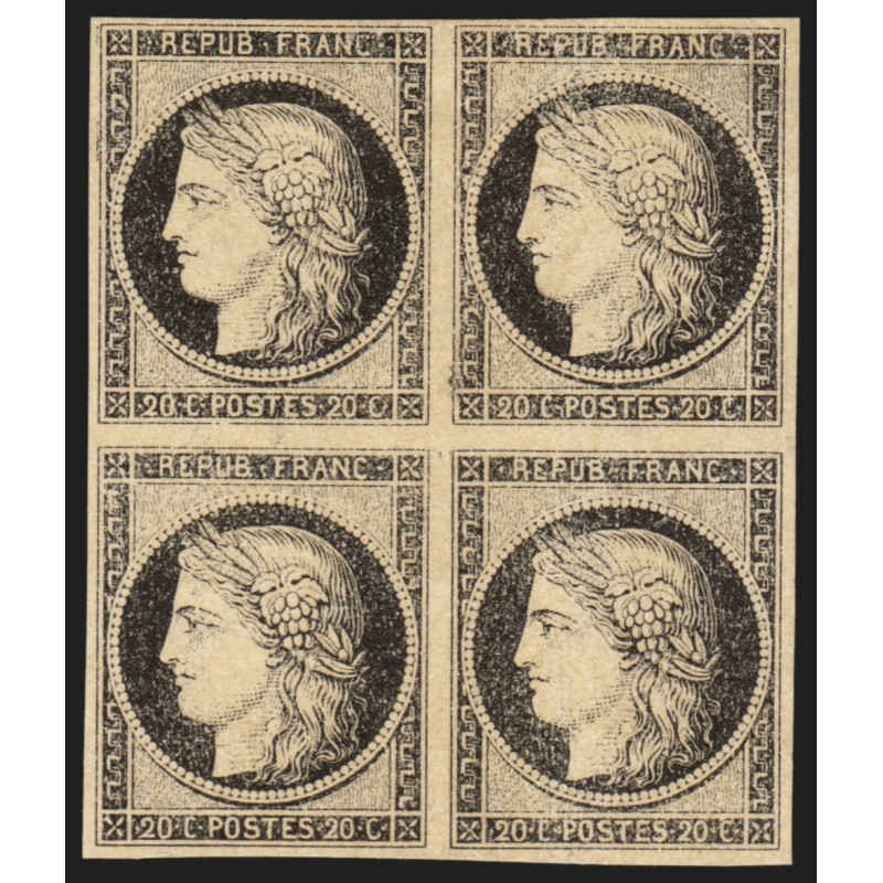 n°3, bloc de quatre, Cérès 1849, 20c noir sur jaune, essai, neuf (*) - TB n°3, bloc de quatre, Cérès 1849, 20c noir sur jaune, essai, neuf (*) - TB
