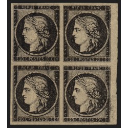 n°3, bloc de quatre bord de feuille, Cérès 1849, 20c noir sur jaune, essai - TB