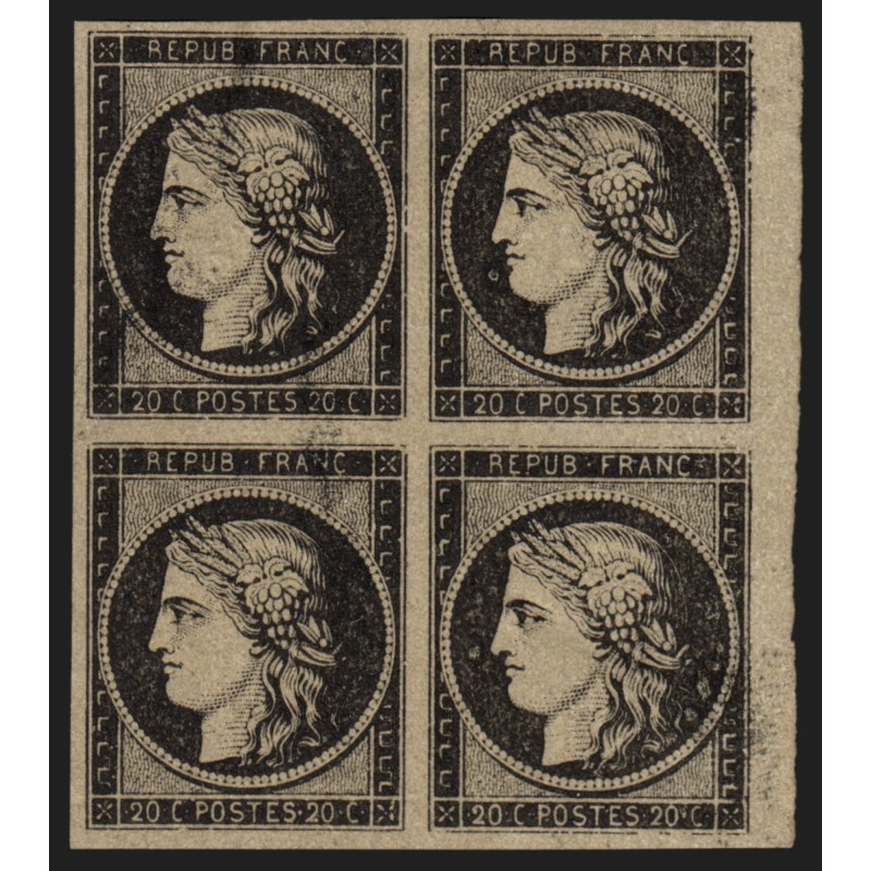 n°3, bloc de quatre bord de feuille, Cérès 1849, 20c noir sur jaune, essai - TB n°3, bloc de quatre bord de feuille, Cérès 1849, 20c noir sur jaune, essai - TB