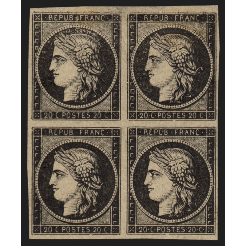 n°3, bloc de 4, Cérès 1849, 20c noir sur jaune, essai, neuf (*) - TB