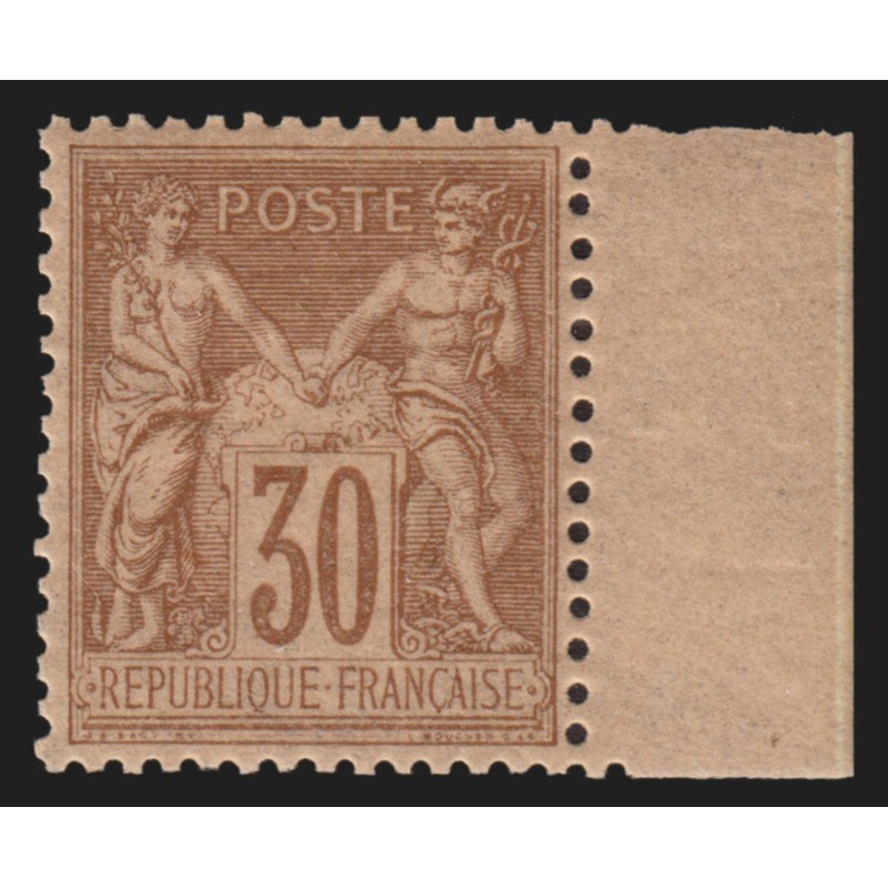 n°80, bord de feuille, Sage 30c brun-jaune, Type II, neuf ** signé ROUMET - TTB n°80, bord de feuille, Sage 30c brun-jaune, Type II, neuf ** signé ROUMET - TTB