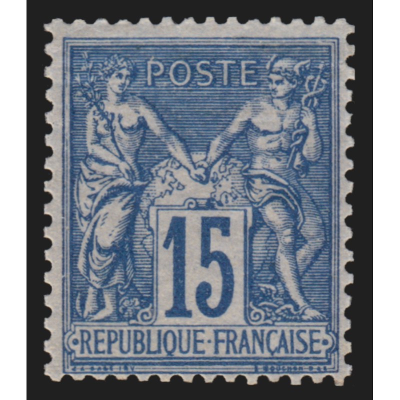 n°90, Sage 15c BLEU-SUR-AZURÉ, neuf * avec trace de charnière, signé CALVES n°90, Sage 15c BLEU-SUR-AZURÉ, neuf * avec trace de charnière, signé CALVES