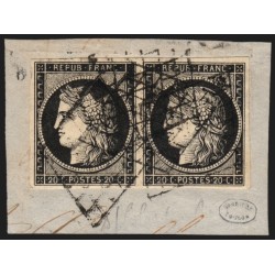 n°3a paire, Cérès 1849, 20c noir sur blanc, oblitéré grille - TB
