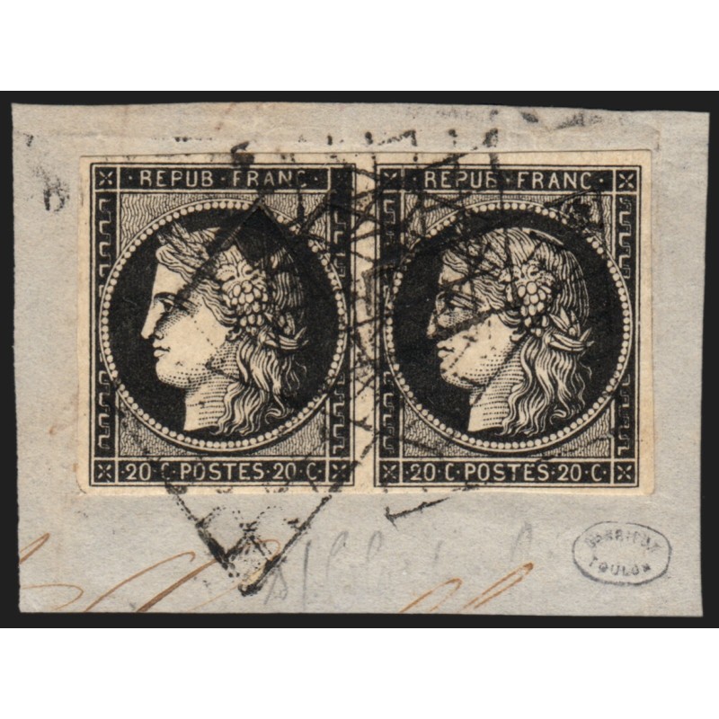 n°3a paire, Cérès 1849, 20c noir sur blanc, oblitéré grille - TB n°3a paire, Cérès 1849, 20c noir sur blanc, oblitéré grille - TB