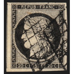 n°3a, Cérès 1849, 20c noir sur blanc, oblitéré grille, signé A.BRUN - TB