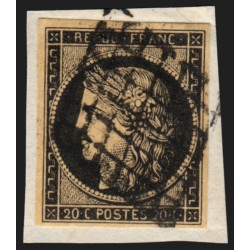 n°3b, Cérès 20c noir sur chamois, oblitéré grille noire sur fragment - TB