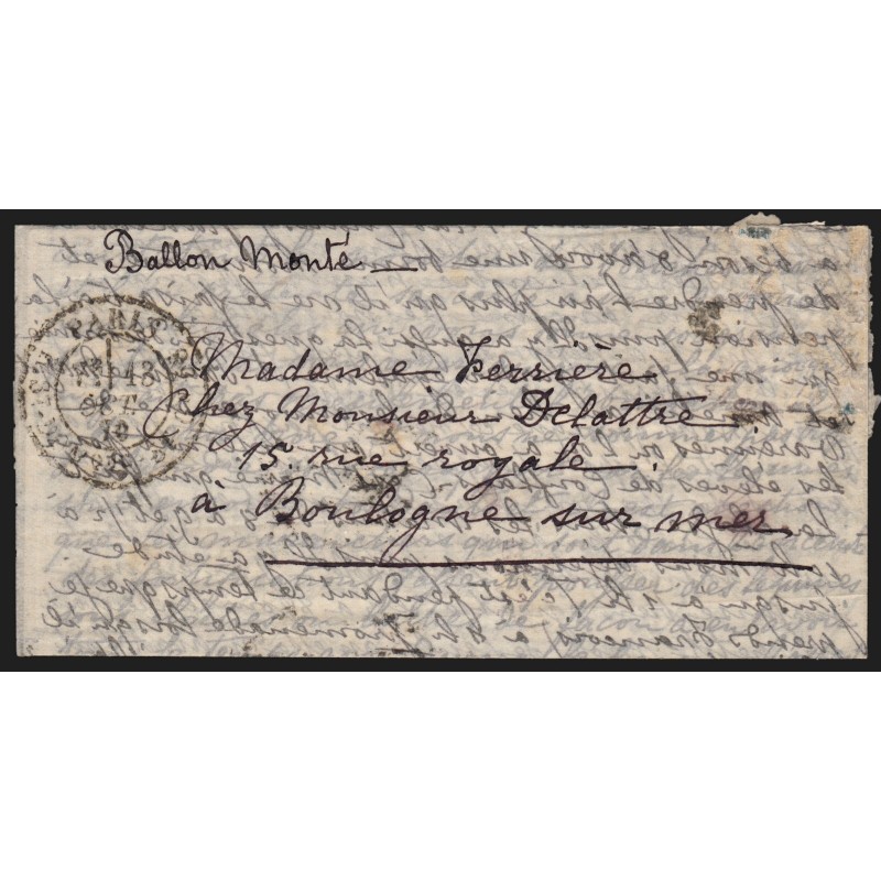 Ballon monté "Le Jules Favre" ou "Le Jean Bart", 13/OCT./1870 pour Boulogne Ballon monté "Le Jules Favre" ou "Le Jean Bart", 13/OCT./1870 pour Boulogne