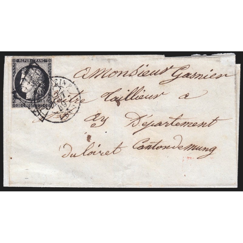 n°3a, Cérès 20c noir s/blanc obl IVRY-SUR-SEINE pour Saint-Ay, cursive au verso