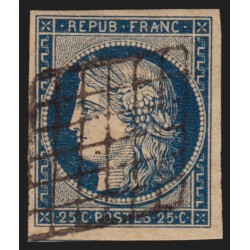 n°4b, Cérès 1850, 25c bleu sur jaune, oblitéré grille noire - TB