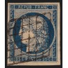 n°4b, Cérès 1850, 25c bleu sur jaune, oblitéré grille noire - TB