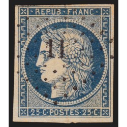 n°4, Cérès 25c bleu, oblitéré PC 11 AHUN Creuse, indice 8 - B/TB