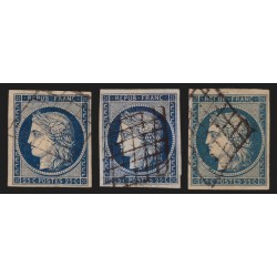 n°4, Cérès 1850, 25c bleu, en 3 nuances de couleurs différentes - TB D'ASPECT