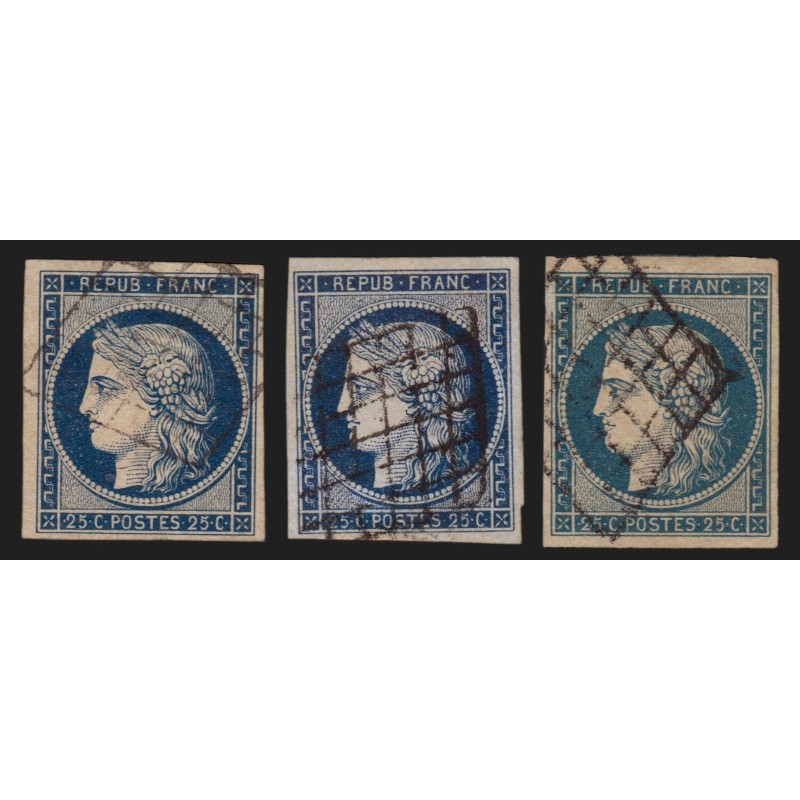 n°4, Cérès 1850, 25c bleu, en 3 nuances de couleurs différentes - TB D'ASPECT n°4, Cérès 1850, 25c bleu, en 3 nuances de couleurs différentes - TB D'ASPECT