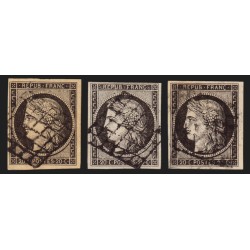 n°3, Cérès 1849, 20c noir en 3 nuances de couleurs différentes - TB