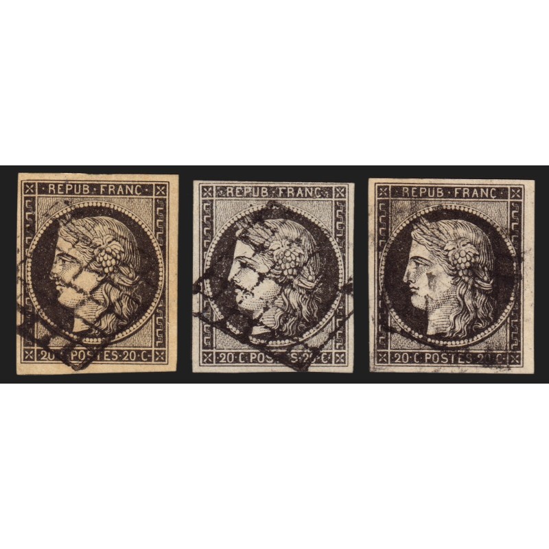 n°3, Cérès 1849, 20c noir en 3 nuances de couleurs différentes - TB n°3, Cérès 1849, 20c noir en 3 nuances de couleurs différentes - TB