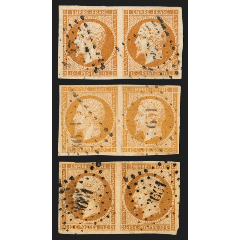 n°13A x3 nuances de couleurs, en paires, Napoléon 10c bistre, Type I - B/TB