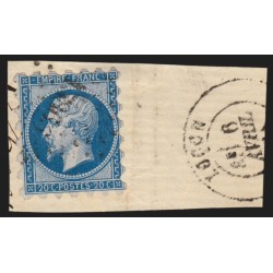 n°14B piquage Susse, Napoléon 20c bleu, Type II, oblitéré sur fragment - TB