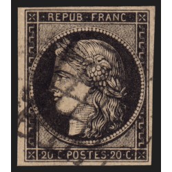 n°3, Cérès 1849, 20c noir sur jaune, oblitéré grille noire - TB