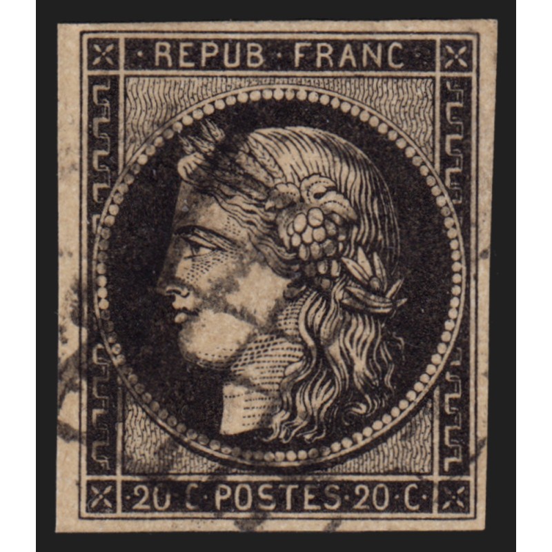 n°3, Cérès 1849, 20c noir sur jaune, oblitéré grille noire - TB n°3, Cérès 1849, 20c noir sur jaune, oblitéré grille noire - TB