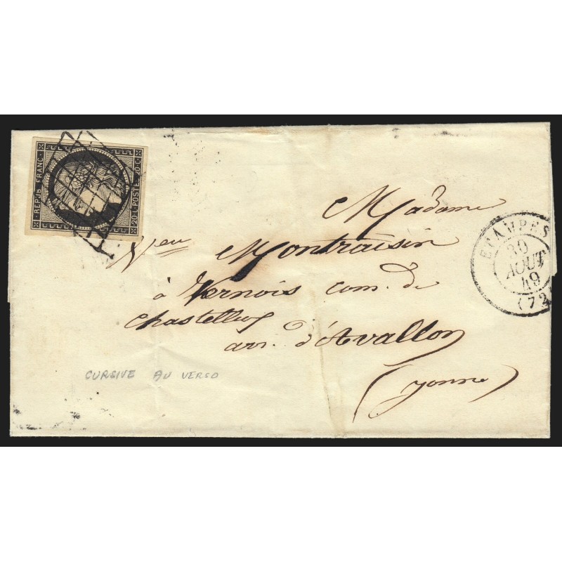 n°3, Cérès 20c noir, oblitéré ETAMPES 1849 lettre pour Avallon + cursive - TB n°3, Cérès 20c noir, oblitéré ETAMPES 1849 lettre pour Avallon + cursive - TB