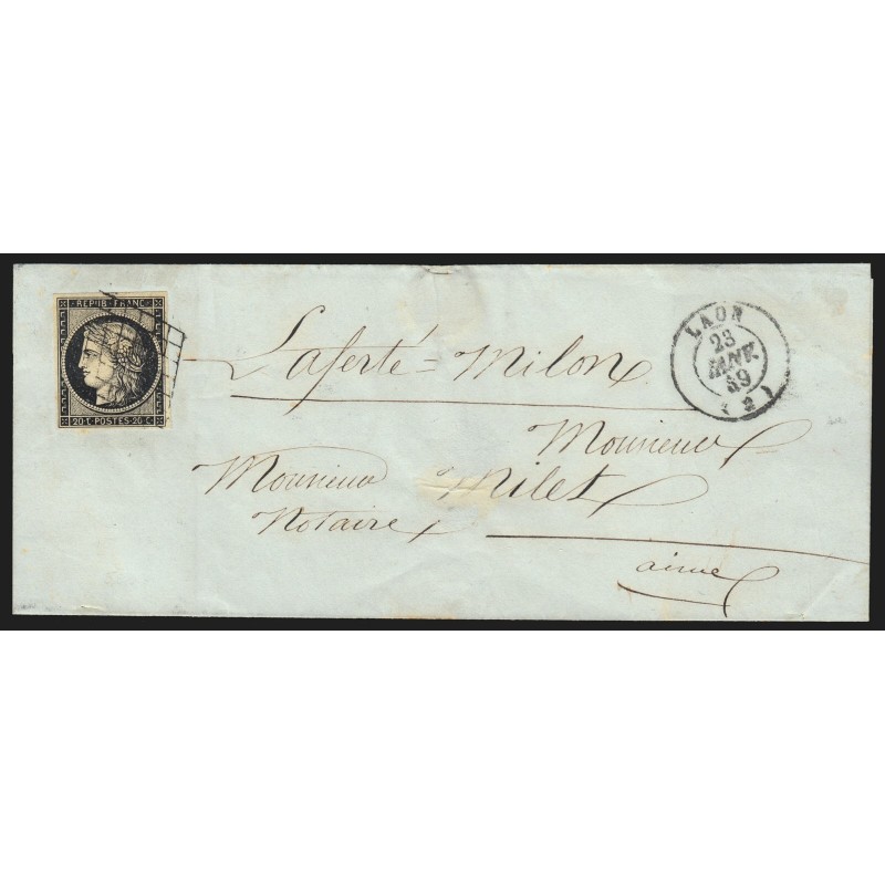 n°3, Cérès 20c noir, oblitéré Laon 23 JANVIER 1849 lettre pour La Ferté Milon