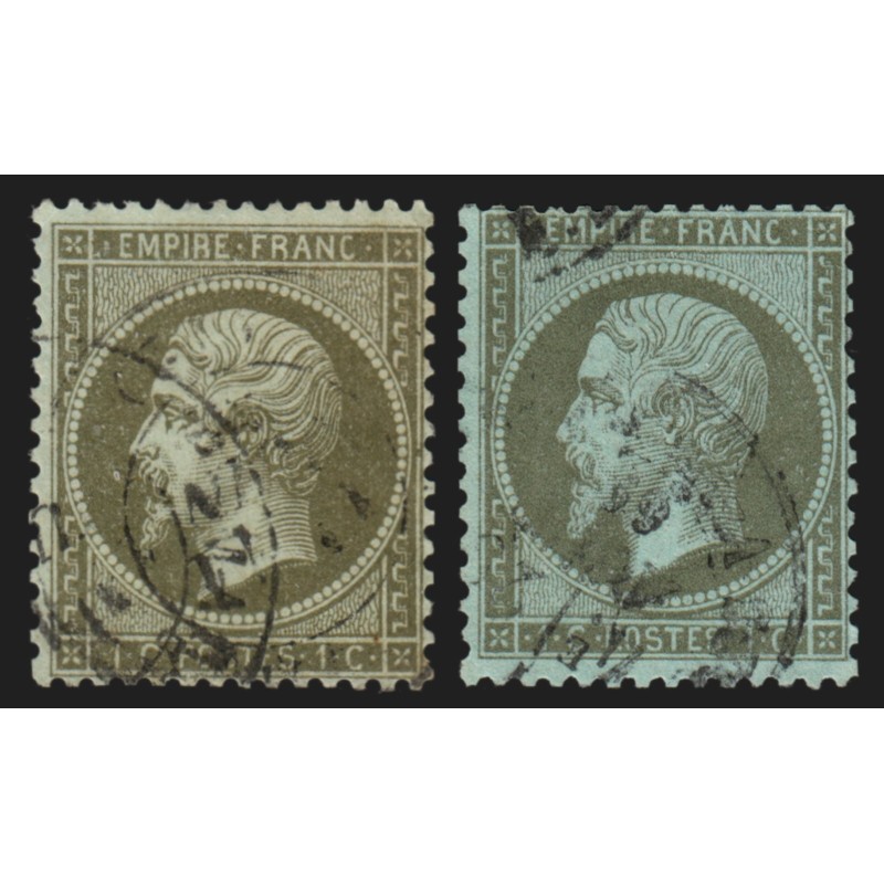 n°19/19a, les 2 nuances, Napoléon 1c vert-olive + vert-bronze, oblitérés - TB