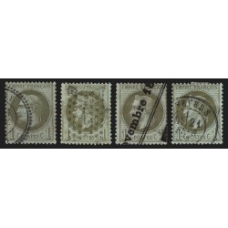 n°25, en 4 oblitérations différentes, Napoléon Lauré 1c vert-bronze TB D'ASPECT