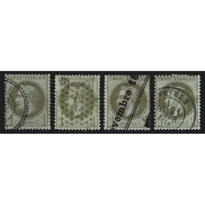 n°25, en 4 oblitérations différentes, Napoléon Lauré 1c vert-bronze TB D'ASPECT