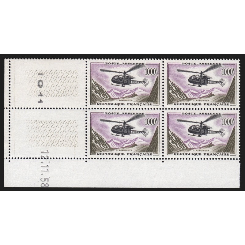 Poste Aérienne n°37, coin daté 1958, 1000fr Alouette, neufs ** sans charnière
